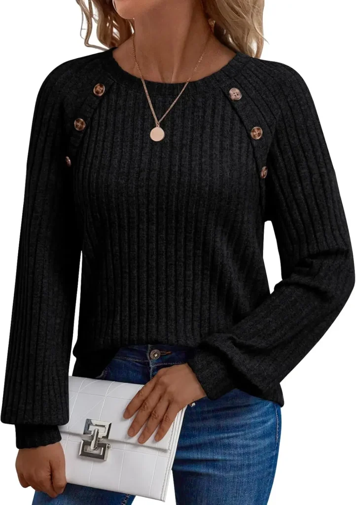 European and American cross-border women's autumn new arrival ribbed solid color fashion knitted long sleeve button round neck t