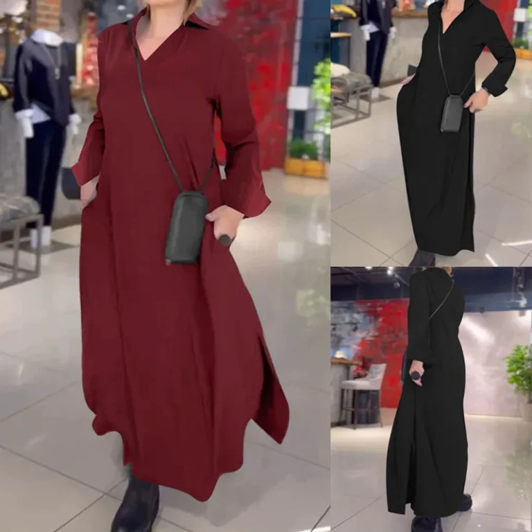European and American cross-border minimalist elegant solid color polo collar autumn and winter deep V long-sleeve maxi dress